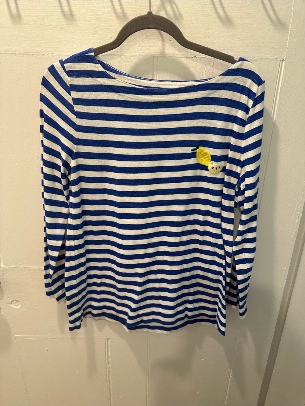 LOFT Blue and White Striped Tee with Lemon Accent